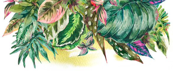 Watercolor botanical tropical leaves horizontal greeting card