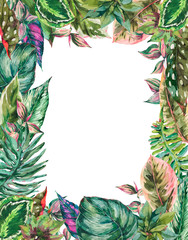 Watercolor botanical tropical green leaves vertical frame