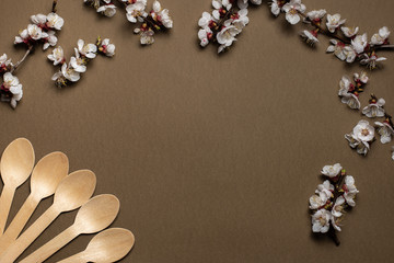 Disposable wooden spoons are fan-shaped in the corner. brown background and frame of twigs of flowering trees