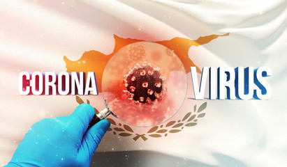 Medical scientist looking at a molecule under a magnifying glass, medical concept with flag of Cyprus. Pandemic 3D illustration.