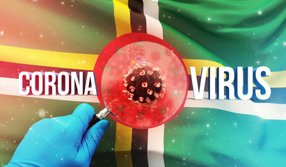 Medical scientist looking at a molecule under a magnifying glass, medical concept with flag of Dominica. Pandemic 3D illustration.