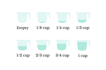 Kitchen measuring cups with various amount of liquid, vector illustration