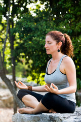 Closeup of woman's hands in meditation, mudra with mala and deep breathing for peace of mind. 