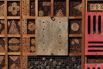 Close up of a bee hotel made from different types of wood as a nesting site. 