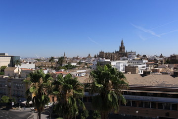 Fototapeta na wymiar Aerial view of Cathedral of Saint Mary of the See (Seville Cathedral) and old city center, captured from Tower of Gold (Torre del Oro) in Seville, Andalusia, Spain.