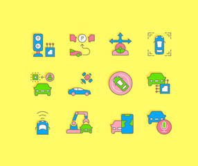 Set of Simple line Icons of Autonomous Car