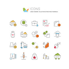 Set Vector Line Icons of Extraction of Minerals