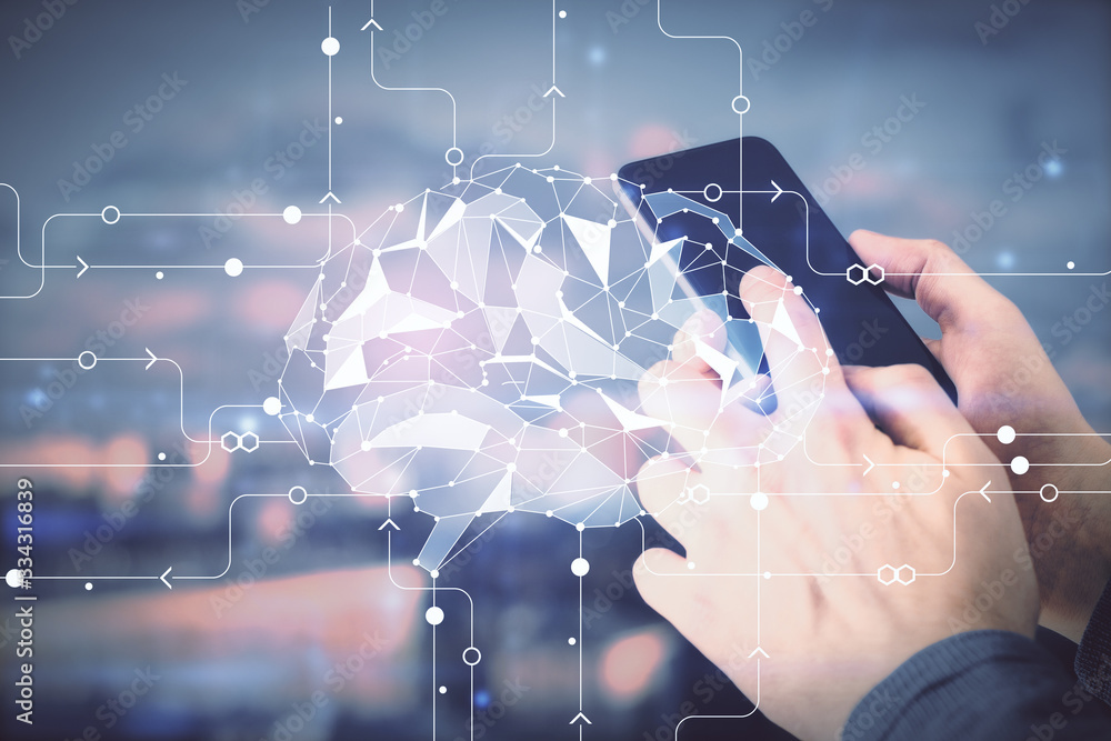 Poster double exposure of man's hand holding and using a digital device and brain hologram drawing. data co