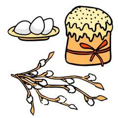 Paschal sticker set on white isolated backdrop. Easter cake and eggs for invitation or gift card, notebook, bath tile, scrapbook. Phone case or cloth print art. Cartoon style stock vector illustration