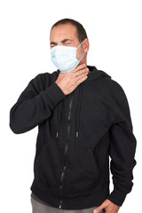 Portrait of a sick man wearing medical mask on white background
