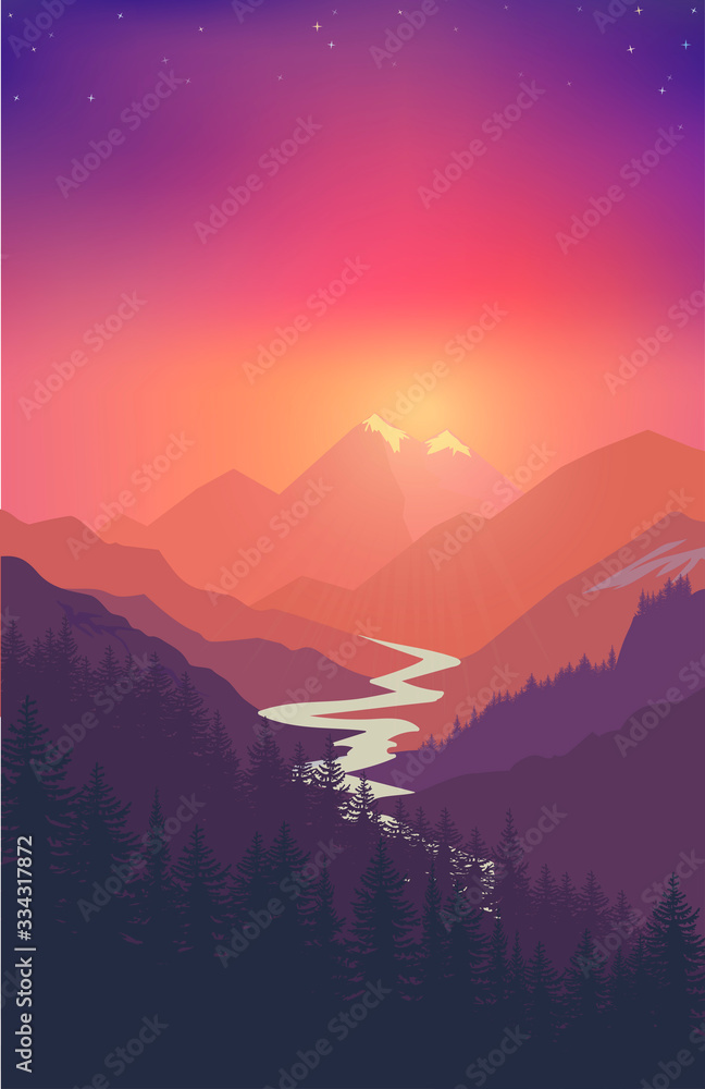 Wall mural mountain landscape nature camping graphics, outdoor traveling illustration