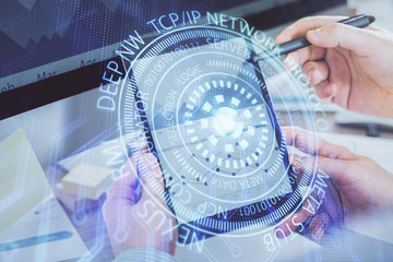 Multi exposure of man's hands holding and using a digital device and data theme drawing. Innovation concept.