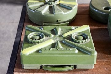 Examples of anti-personnel and anti-tank mines. Explosive device. Minefield