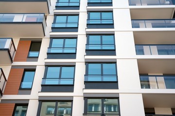 Beautifully designed multistory house with glass facade balconies in city district architecture, luxury real estate property apartments for sale.