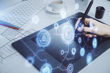 Double exposure of technology sketch hologram and woman holding and using a mobile device. Ai...