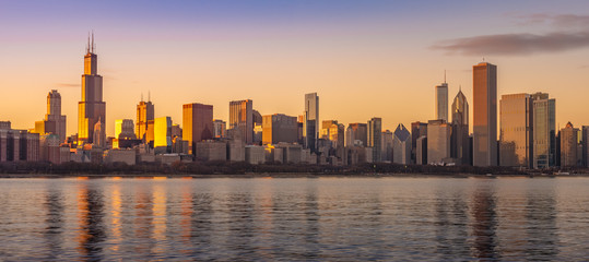 Chicago downtown skyline sunset Lake Michigan with most Iconic building from Adler Planetarium, Illinois