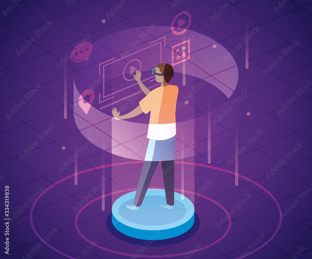 Poster man with glasses of reality augmented and icons vector illustration design