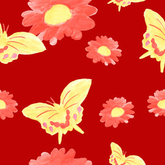 Summer bright red watercolor drawing romantic seamless pattern, butterflies and flowers. Art illustration. Vintage fabric. Surface modern texture color