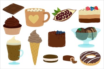 Cartoon chocolate sweets, dessert, vector illustration. Set of flat stickers isolated on white. Choco confectionery, homemade kraft cupcakes, delicious ice cream and cacao drinks.