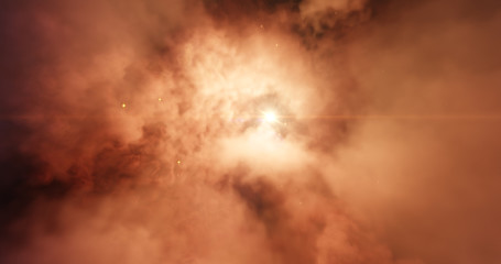 Central stars carved out a cavernous bowl-like cavity in the wall of a giant cloud nebula, ultraviolet radiation and stellar winds. Stellar system and gas nebula. 3D render