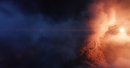 Obraz na płótnie Canvas Central stars carved out a cavernous bowl-like cavity in the wall of a giant cloud nebula, ultraviolet radiation and stellar winds. Stellar system and gas nebula. 3D render