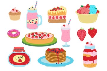 Cartoon strawberry sweets, dessert, vector illustration. Set of flat stickers isolated on white. Strawberry confectionery, homemade pancakes with jam, kraft cupcakes, delicious ice cream and cocktail.