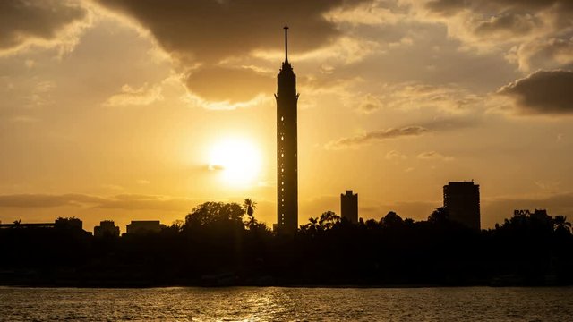 River Nile and Cairo tower at sunset. Time lapse video