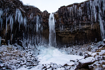 Svartifoss (Black Fall) waterfall Skaftafell Vatnajökull National Park Iceland. It is surrounded by dark lava columns, which gave rise to its name.