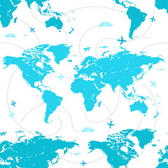 Vector seamless pattern of the map of the world. Template for prints, wallpapers about traveling. Silhouettes of continents and oceans for business projects, as a background for modern infographics.