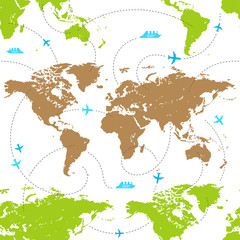 Vector seamless pattern of the map of the world. Template for prints, wallpapers about traveling. Silhouettes of continents and oceans for business projects, as a background for modern infographics.
