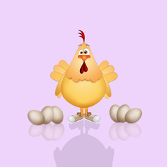 an illustration of funny hen with her eggs on violet background