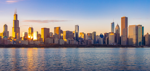 Chicago downtown skyline sunset Lake Michigan with most Iconic building from Adler Planetarium