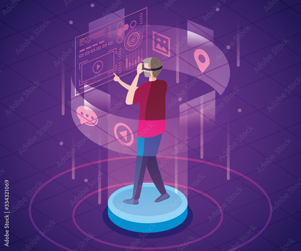 Poster man with glasses of reality augmented and icons vector illustration design