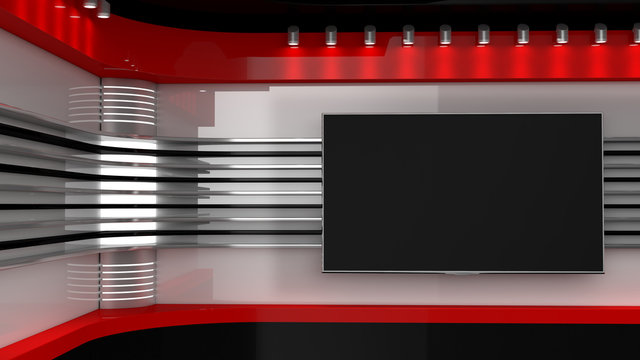 Tv Studio. Backdrop for TV shows .TV on wall. News studio. The perfect backdrop for any green screen or chroma key video or photo production. 3D rendering.