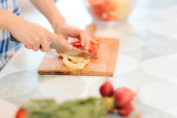 Detail of Cook Hands Chopping Vegetables on Wooden Board