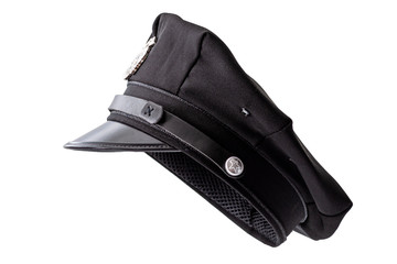 Protect and serve, law enforcement and american cop concept police officer hat isolated on white...