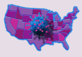 A coronavirus hovers over a map of the USA in this illustration.