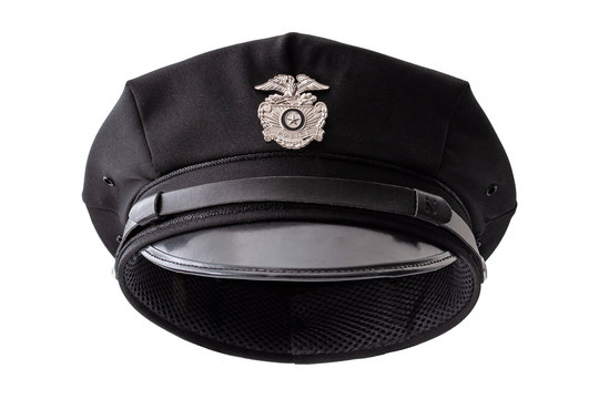 Protect and serve, law enforcement and american cop concept police officer hat isolated on white background with clipping path