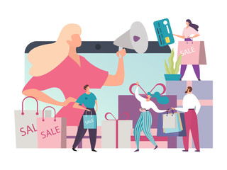 Loyalty program concept vector illustration. Advertisement of discount reward offer with cartoon tiny people buyers, flat woman character calls customers through loudspeaker isolated on white