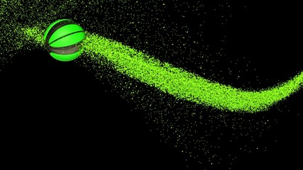Black-Green Basketball with Green Particles. 3D CG. 3D illustration. 3D high quality rendering.