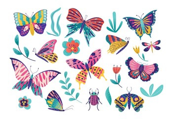 Butterfly moth insect vector illustration set. Cartoon insects collection with colorful flying butterflies group among spring grass or summer garden flower, flat beetle bug icons isolated on white