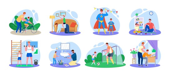 Fototapeta premium Family time, father and son vector illustration. Cartoon happy man parent characters with child have fun together, play game or sport activity. Fatherhood active love time flat icons isolated on white
