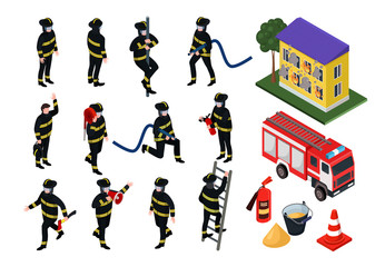 Isometric firefighter vector illustrations. Cartoon 3d people in uniform with firefighting hose equipment, fireman characters extinguish burning building, fire engine department set isolated on white