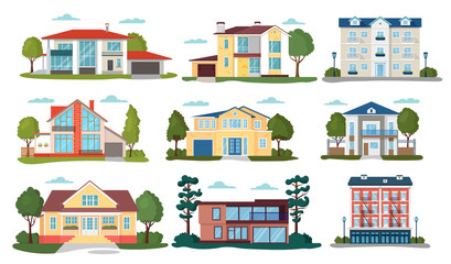 Modern house vector illustrations. Cartoon flat home apartment, facade exterior of residential building with garage, green trees. Modern cottage in town, family villa house set icons isolated on white - obrazy, fototapety, plakaty