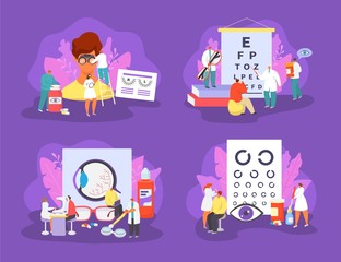 Ophthalmology medicine vector illustration set. Cartoon tiny patients people visit ophthalmologist doctor character, check or adjustment eye health with optical equipment in medical clinic hospital