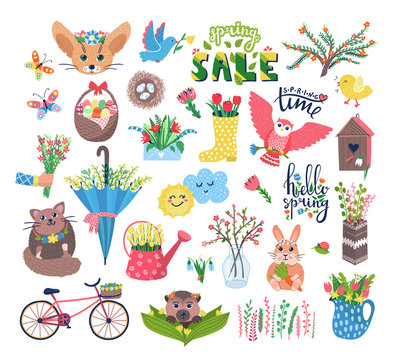 Cute spring set vector illustration. Cartoon flat blooming flowers, happy animal or bird characters in birdhouse, floral decorations, butterfly. Springtime Easter cuteness set icons isolated on white