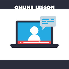 Online education vector illustration. Learning video on computer screen. E-learning and teaching at home. Stay at home campaign.