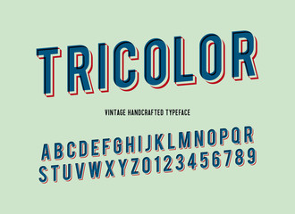 tricolor vintage handcrafted 3d alphabet. vector illustration