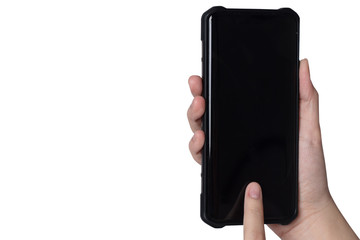 Close up hand holding phone black screen isolate on white background, Free from copy space.