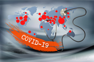 Coranavirus pandemic background with a stethoscope against a map of world. Disaster gloomy backdrop. Vector